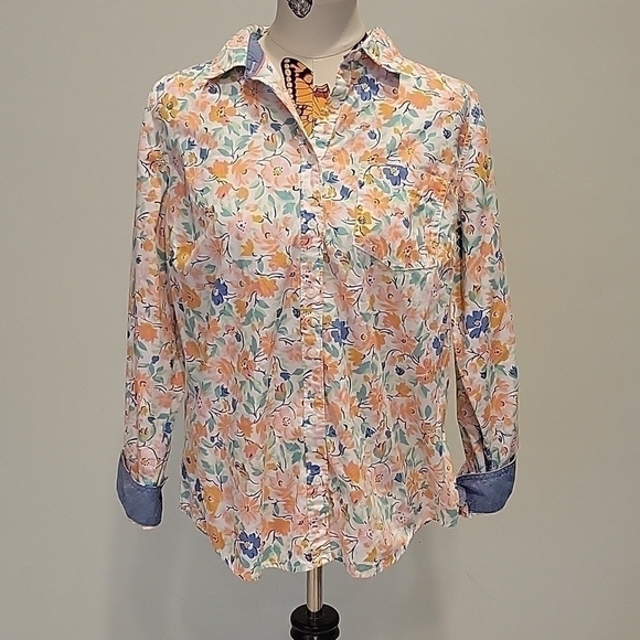 St. John's Bay Tops - St. John's Bay button down shirt with pink, blue yellow flowers. Denim trim L